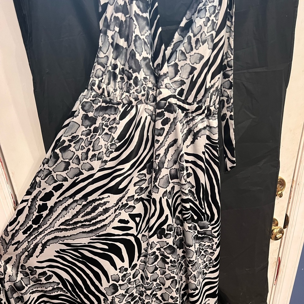 Black/silver silk fabric evening dress; halter neck style ; long / high low